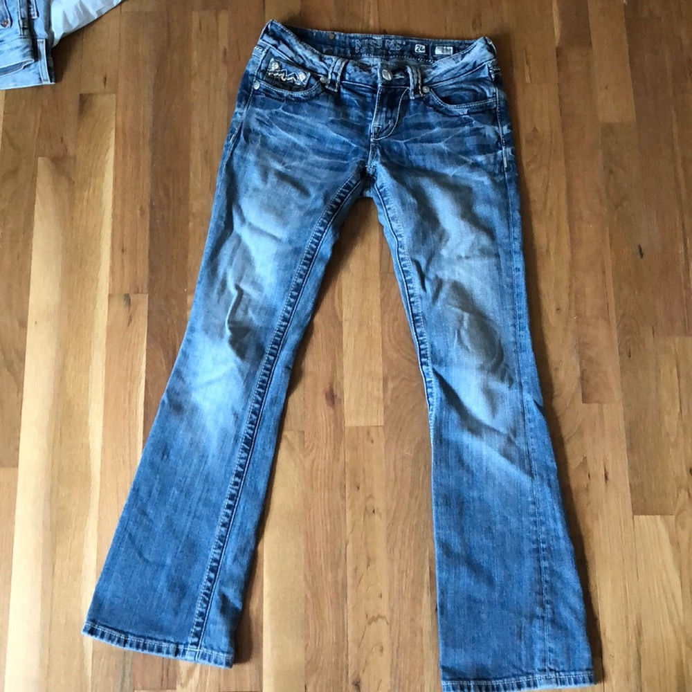 Size 26, bootcut, small flare, Miss Me jeans.